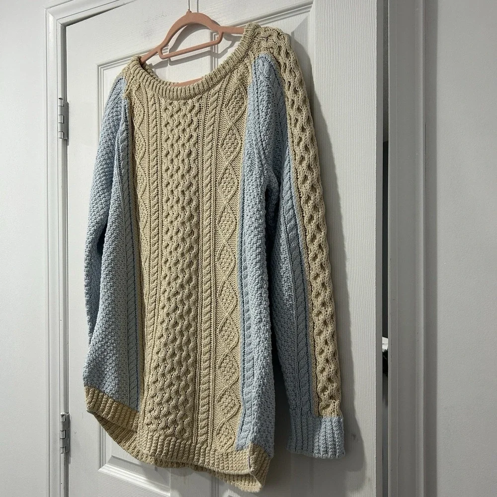 LL Bean Signature Womens Size L Beige Fisherman Cable Knit Sweater 100% Cotton - Picture 2 of 10